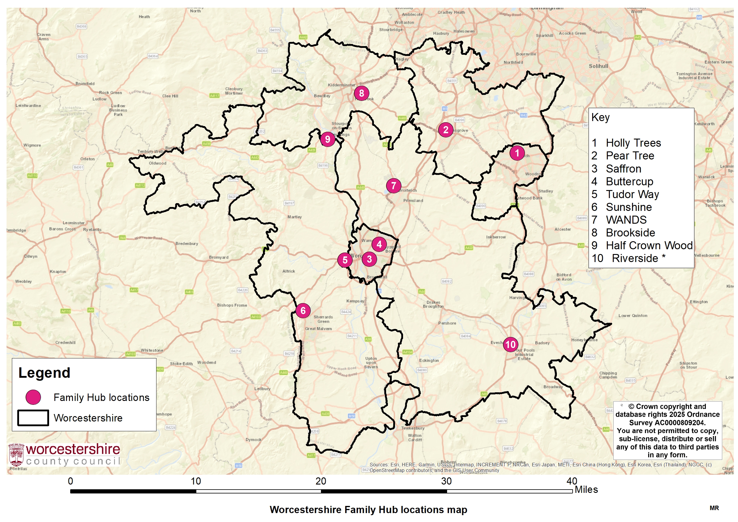 Map shows the locations of all the family hubs across Worcestershire. There are 10 in total and their locations can be found on the individual family hubs pages.