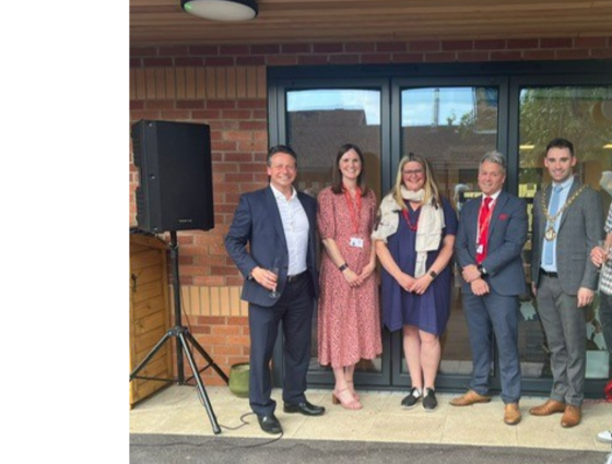 (L to R) Nigel Huddleston, MP for South Worcestershire, Sian Harley-Preller, Deputy Head of Bengeworth CE Academy, Vanessa Anderson, Herlig Architecture, David Coache, Chief Executive of Bengeworth Multi-Academy Trust, Councillor Kyle Daisley, Chairman of Worcestershire County Council, and Andrew Martyr-Icke, Chair of Trustees