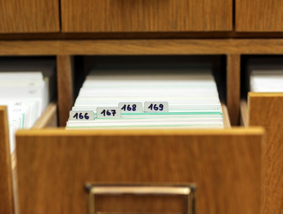 Image of a draw filled with index cards