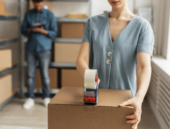 Image of a woman packing a box and using tape