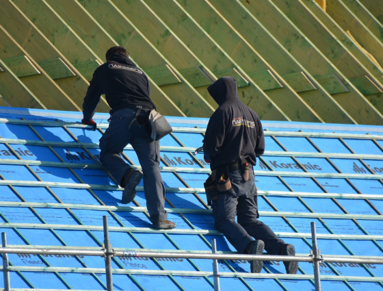 Image of two people repairing a house roof