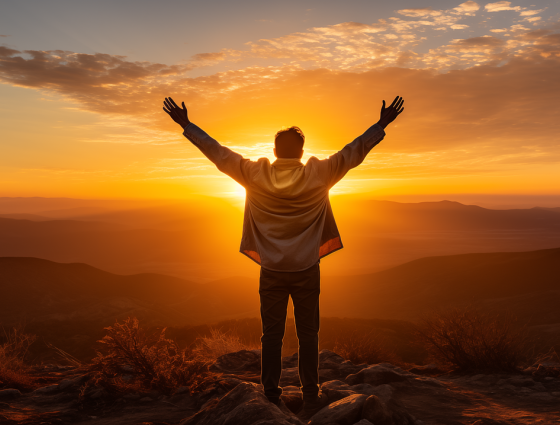 Person stood on a hill with arms in the air at sunset