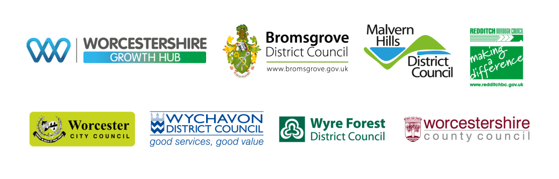 Logos for One Worcestershire, Worcestershire growth hub logo, Bromsgrove District Council, Malvern Hills District Council, Redditch Borough Council, Worcester City Council, Wychavon District Council, Wyre Forest District Council, Worcestershire County Council
