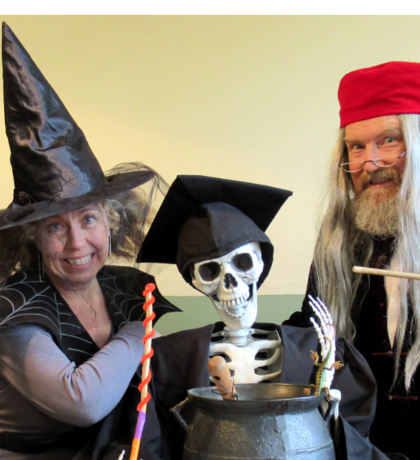 The skeleton photo shows Pippa Ashmore and Jonathan Darby, staff at Worcestershire County Museum at Hartlebury Castle, with a skeleton in the Victorian schoolroom.